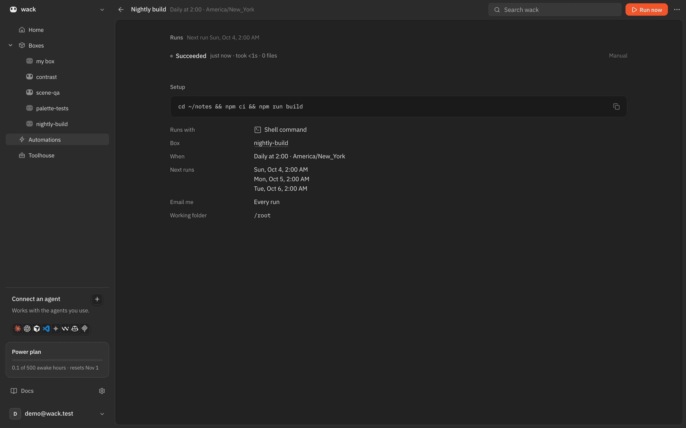 An automation's page in the wack dashboard: Nightly build runs cd ~/notes && npm ci && npm run build daily at 2:00, New York time, with its next three runs.