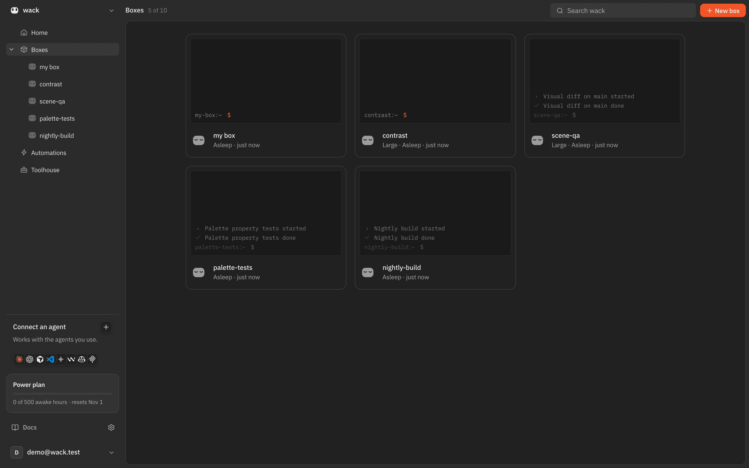 The Boxes page in the wack dashboard: five boxes, each asleep, showing the last lines from its terminal.